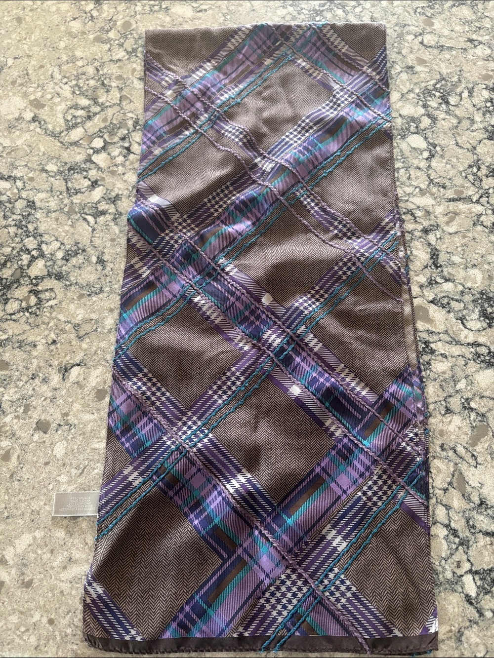 Ladies Echo Brown Plaid 100% Silk Scarf with Purple and Teal Accent 11”x 52”